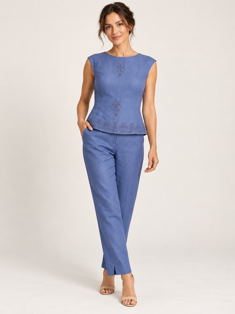 Donna Morgan Sleeveless Embroidered Pantsuit - Periwinkle Blue